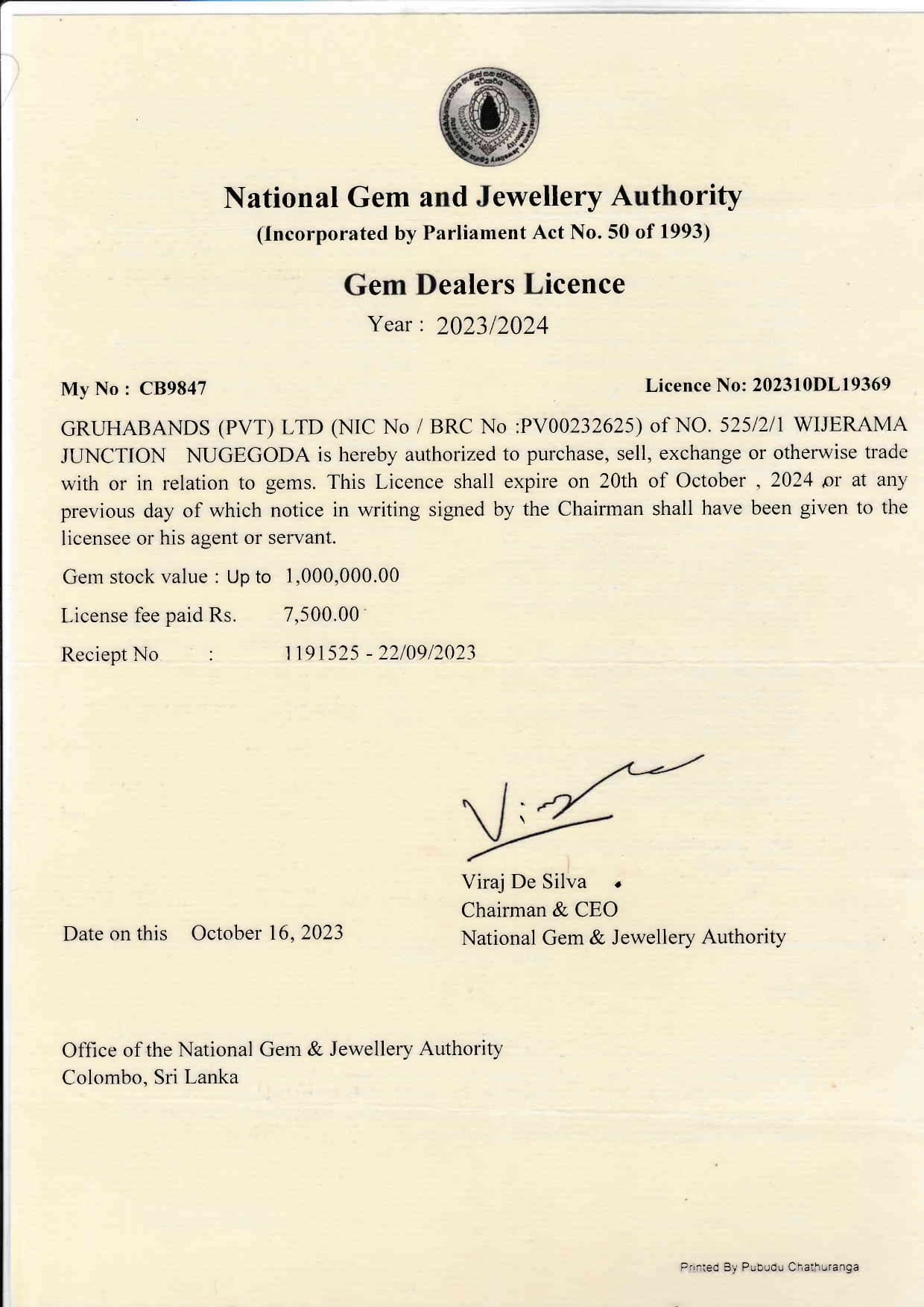 Gem Dealers Licence 2023/2024 | Gruhabands